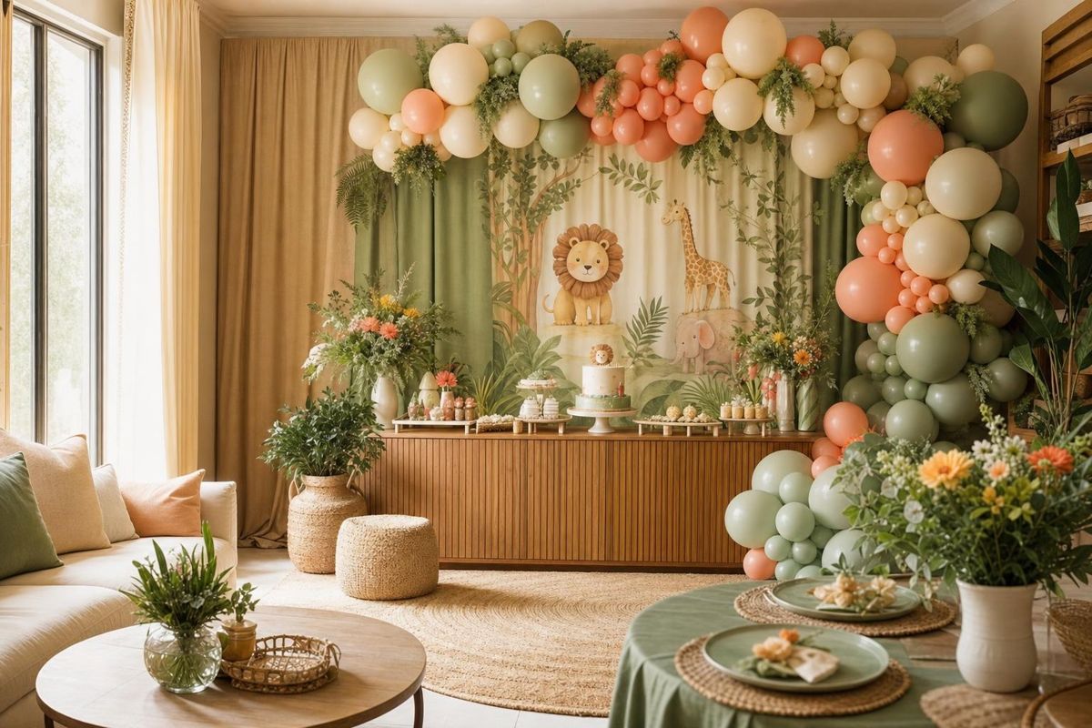 Living de una casa decorado para un cumpleaños con guirnalda de globos y mesa dulce
