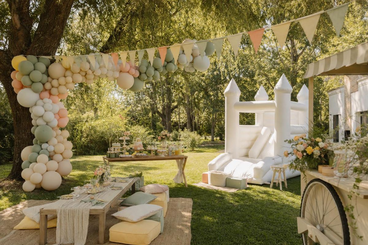 Jardín de una quinta decorado para un cumpleaños, con arco de globos, mesa dulce y castillo inflable