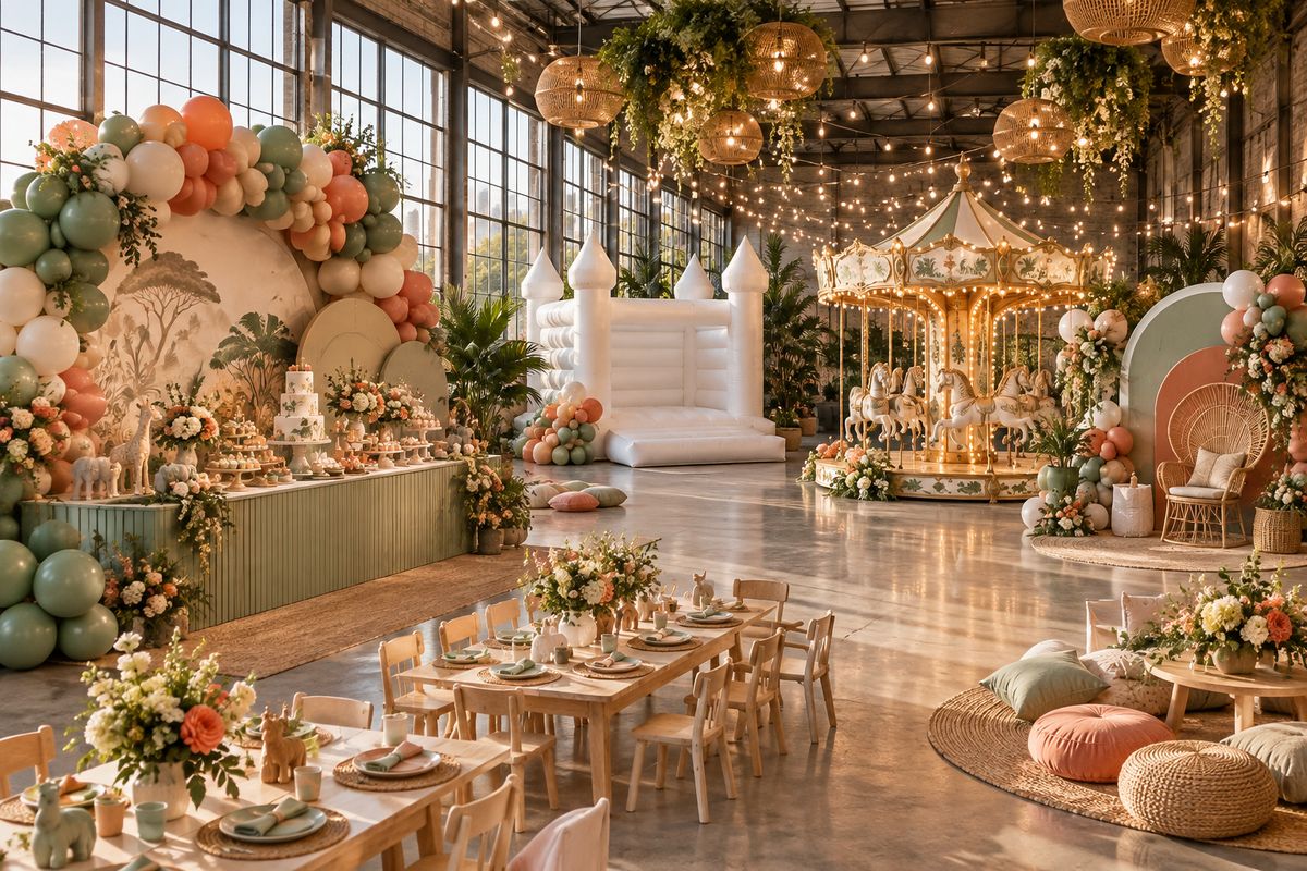 Salón grande tipo loft decorado para un cumpleaños infantil con arcos de globos, castillo inflable y calesita