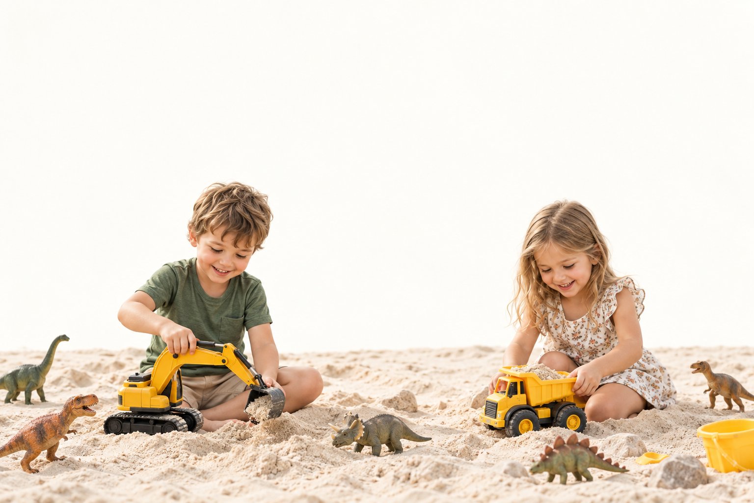 Chicos jugando en el arenero jurásico de WAF Kids Café en Belgrano, con excavadoras de juguete y dinosaurios