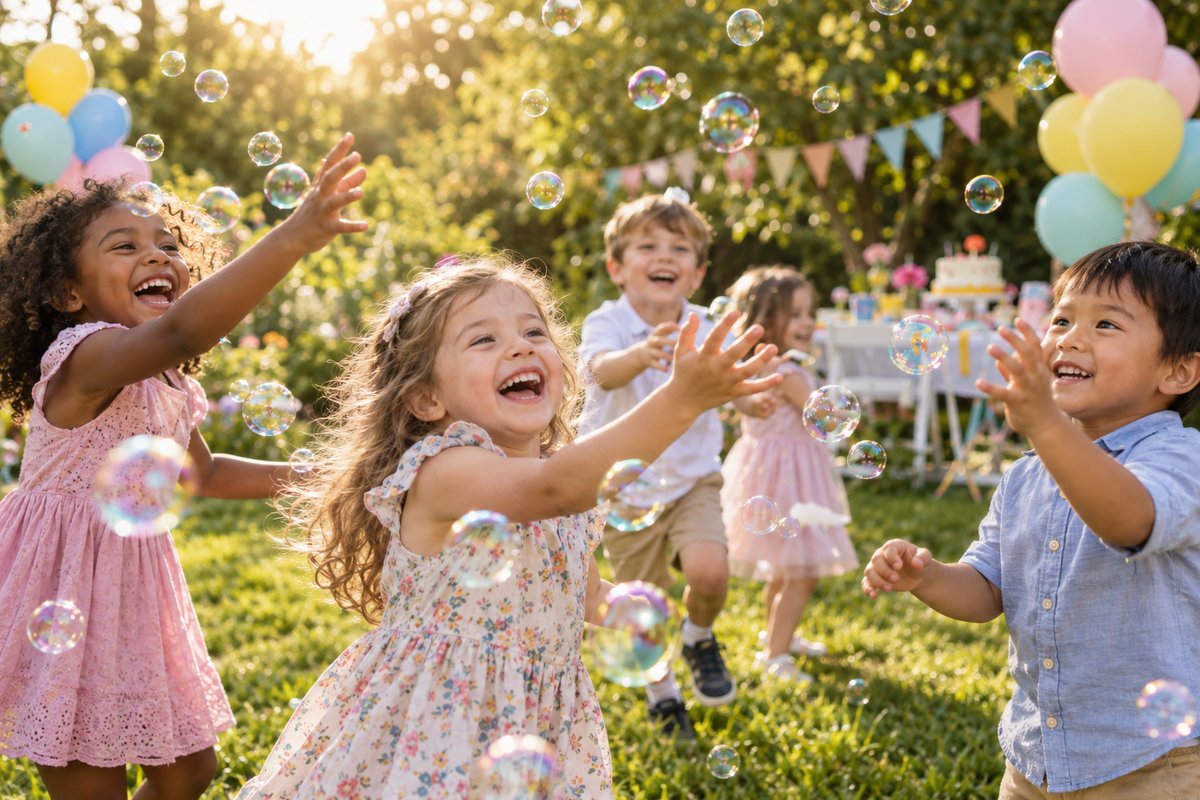 Niños jugando con burbujas en un cumpleaños al aire libre