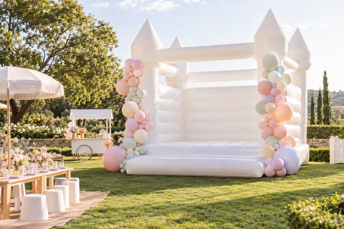 Castillo inflable blanco en una quinta para cumpleaños infantiles