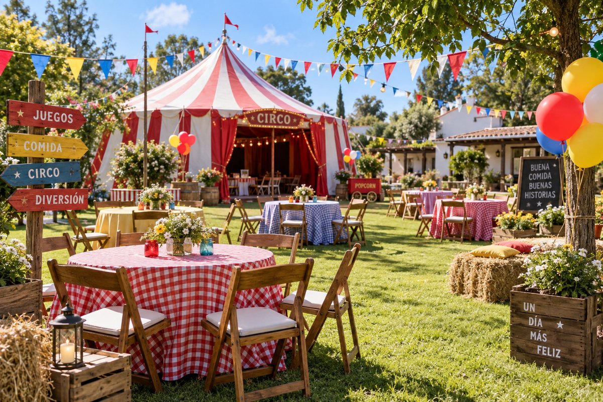 Quinta ambientada con temática de circo para cumpleaños