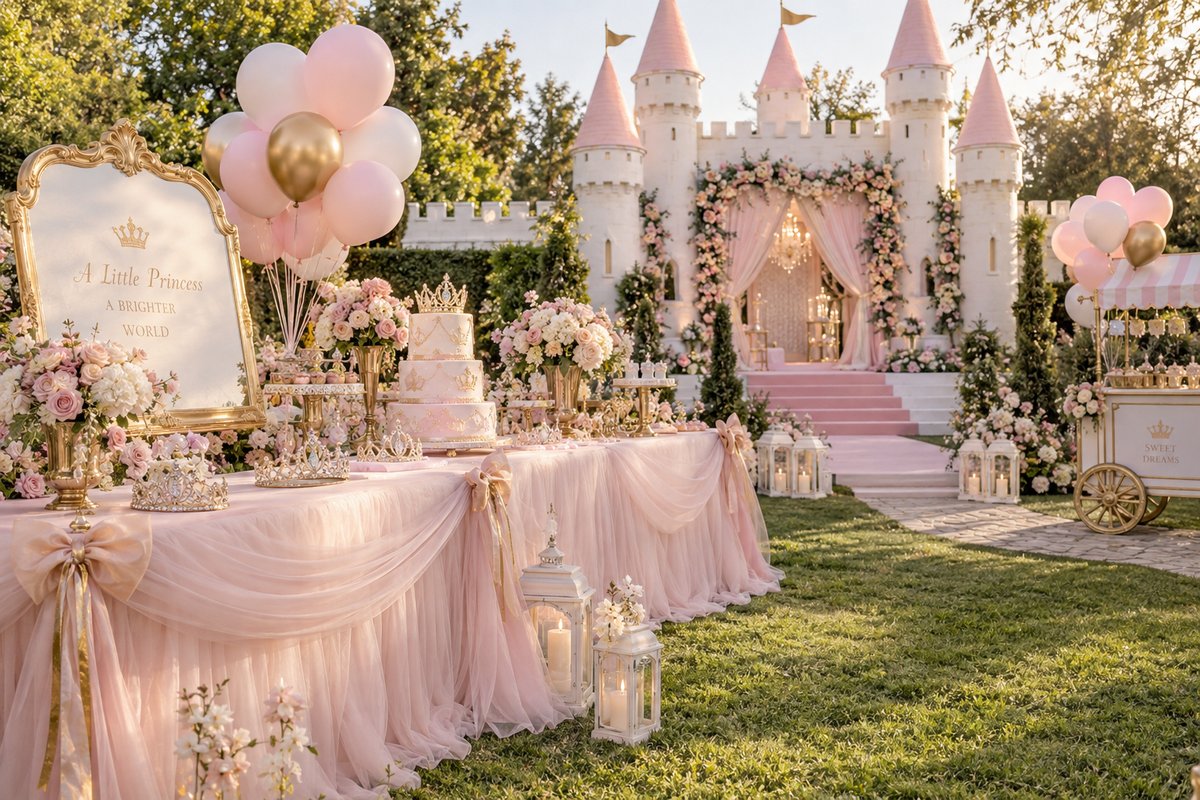 Ambientación de cumpleaños temático de princesas con castillo