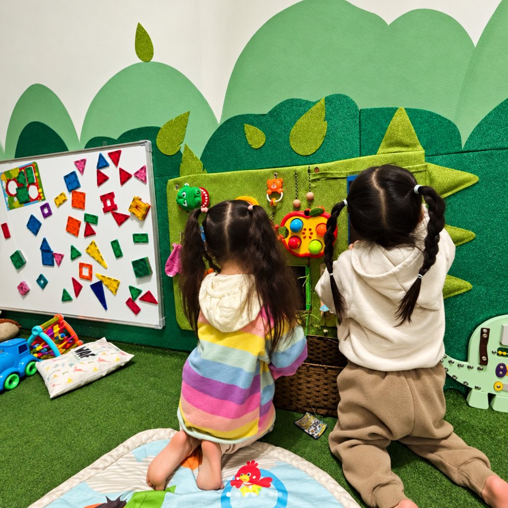 Panel sensorial verde con juegos para tocar y descubrir