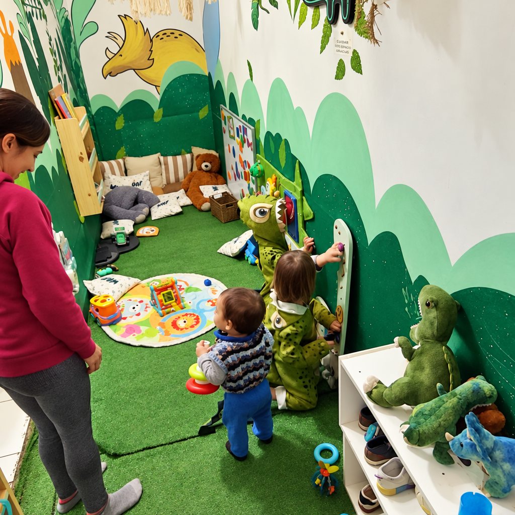 Rincón para los más chiquitos con pasto y juegos sensoriales