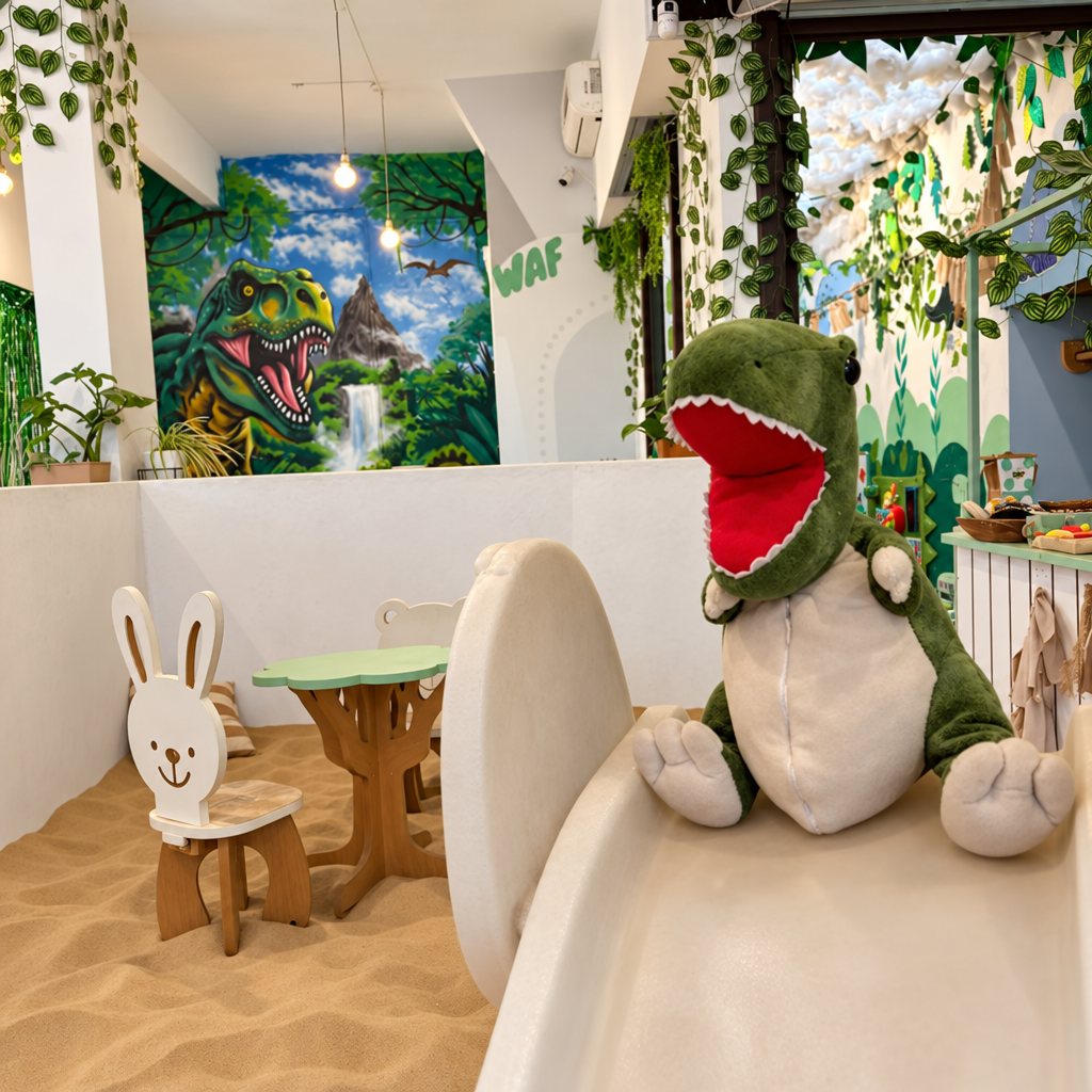 Salón de WAF con mural de dinosaurio, mesita y sillas de conejo sobre la arena
